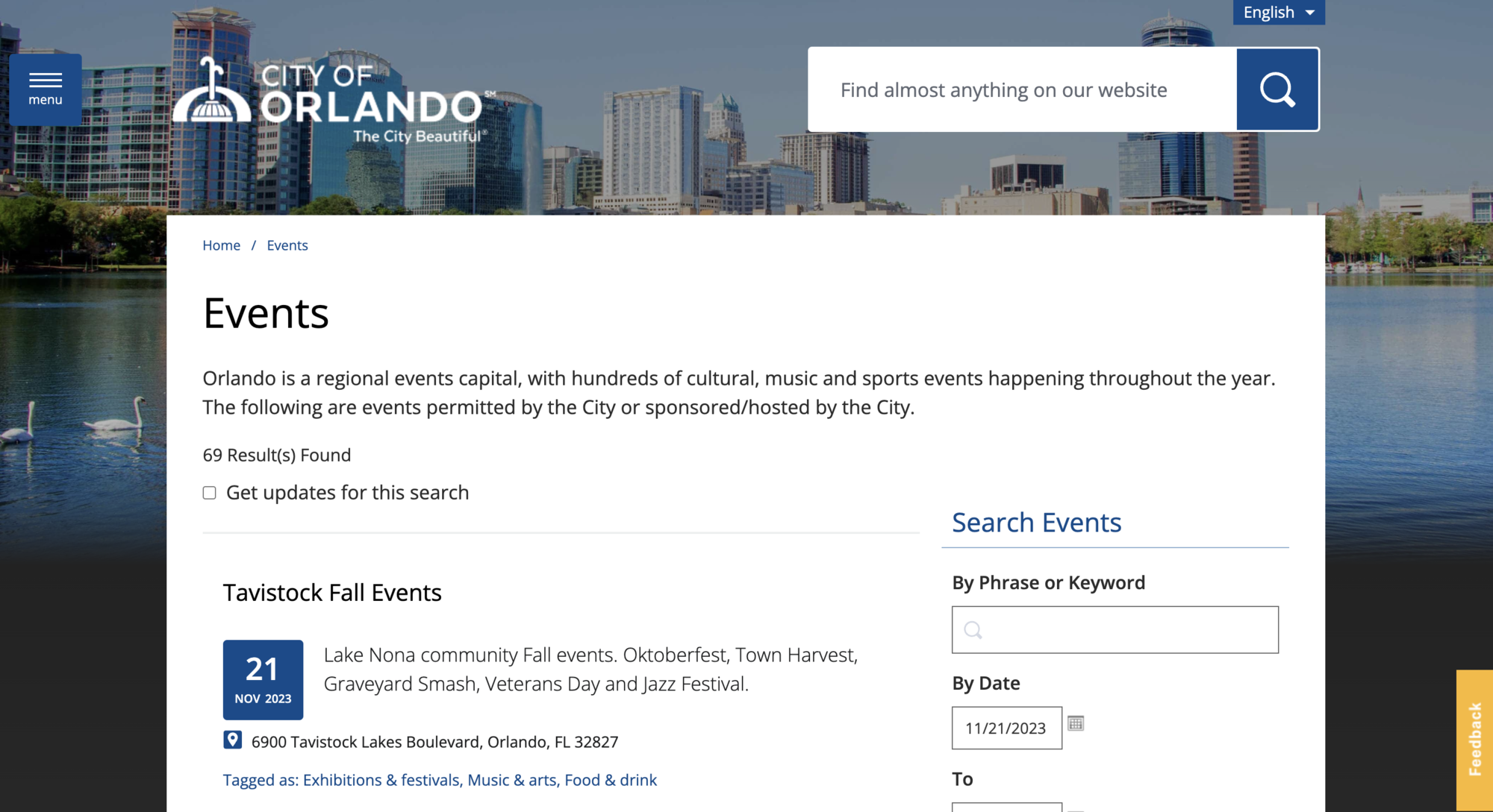 screenshot of city of orlando events website page
